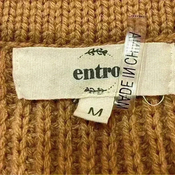 Entro Anthropologie Brown Cable Knit Lace Front V Neck Sweater Size M - Picture 7 of 10